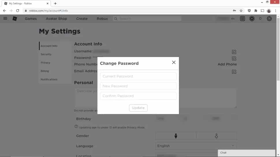 Change Roblox Password
