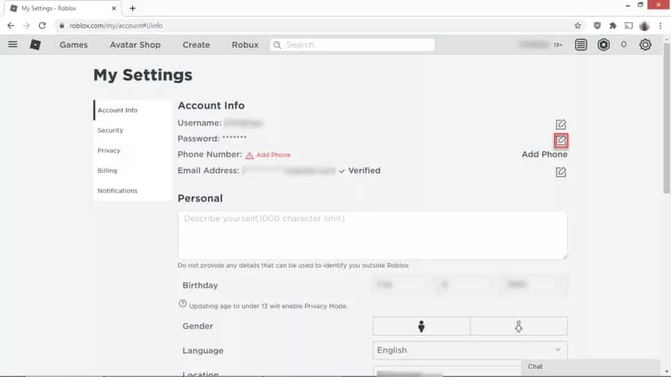 Change Roblox Password